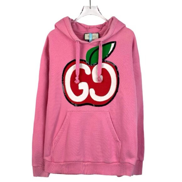 015081 Gucci GG Apple Print Sequins Hooded Pink Cotton Long Sleeve Sweatshirt Si